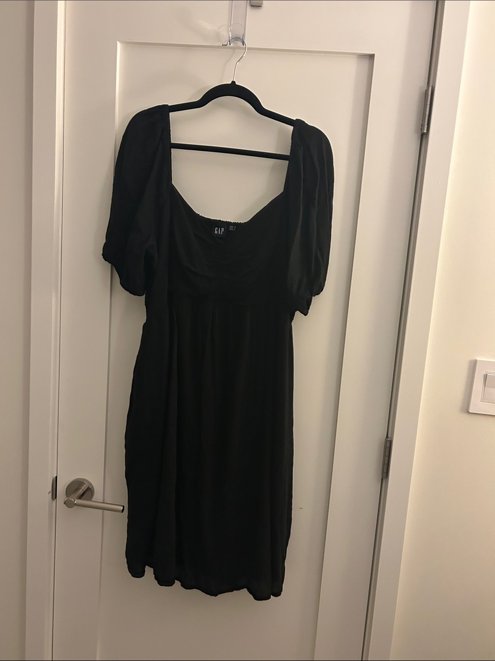 GAP Black Square Neck Mini Dress with Puff Sleeves and Sweetheart Neckline